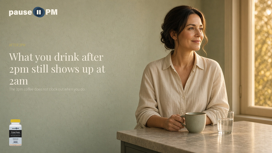 Woman at a kitchen counter with coffee and water. What you drink after 2pm still shows up at 2am.