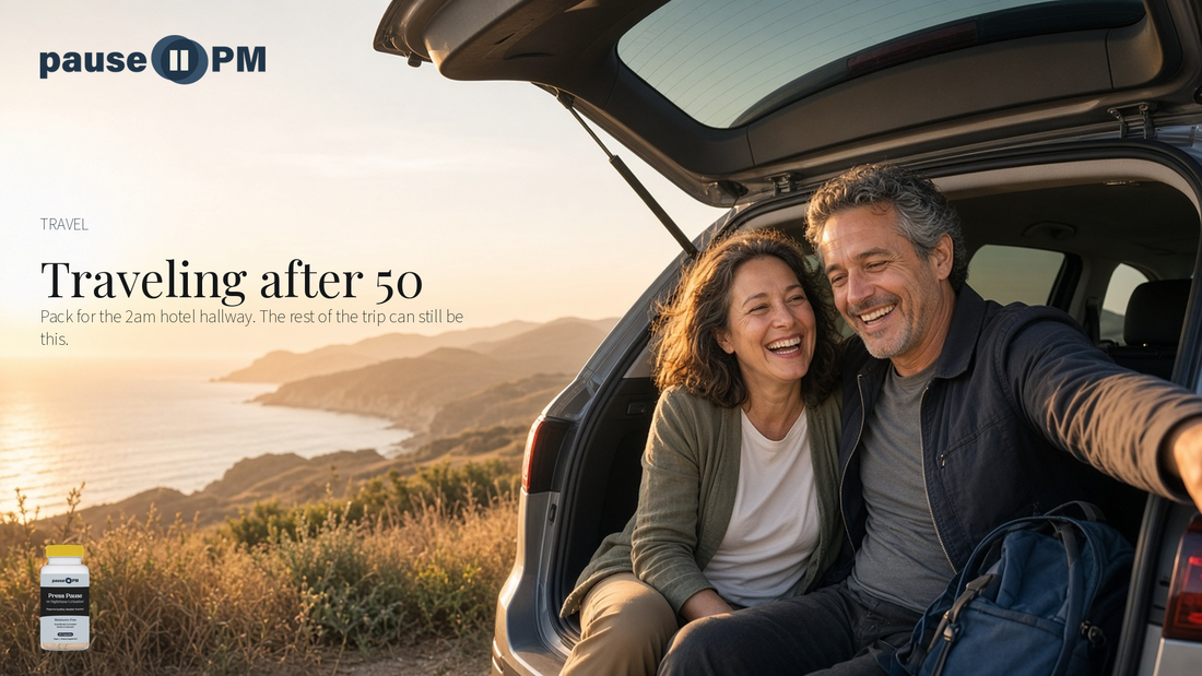 Happy couple in their 50s in an SUV hatchback on the California coast. Traveling after 50.