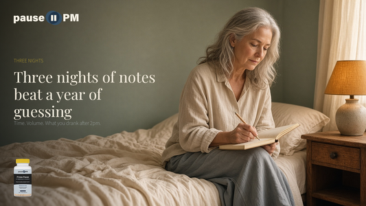 Midlife woman writing a night-wake diary on cream linen. Three nights of notes beat a year of guessing.